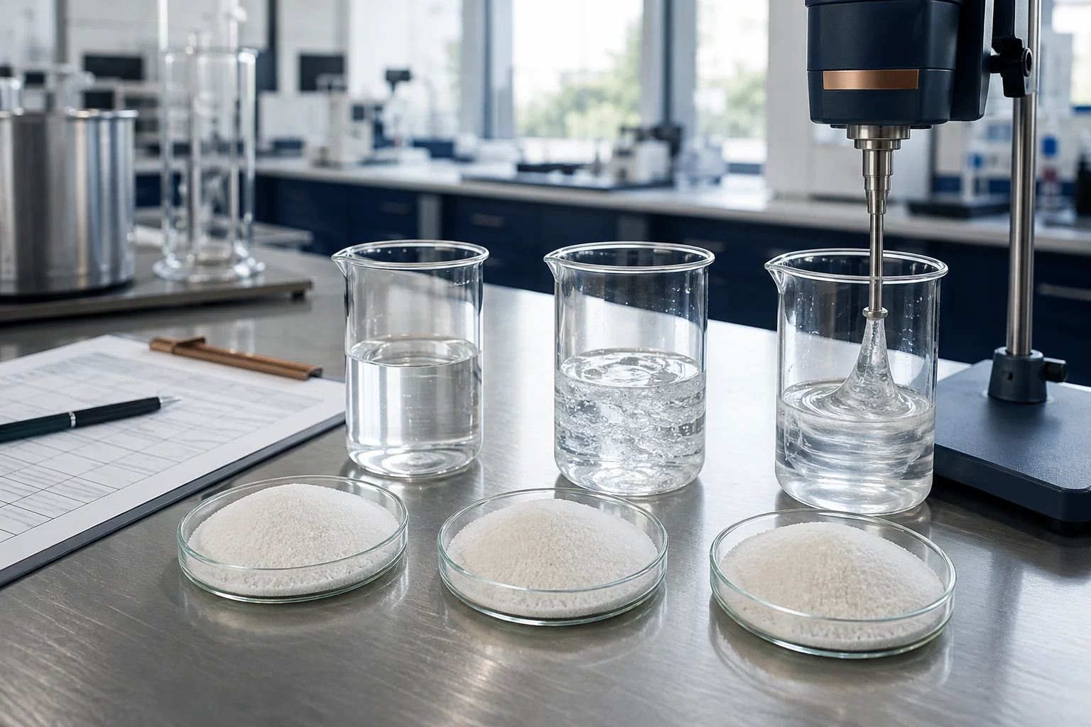 Dry APAM samples and clear hydrated polymer solutions in an industrial laboratory