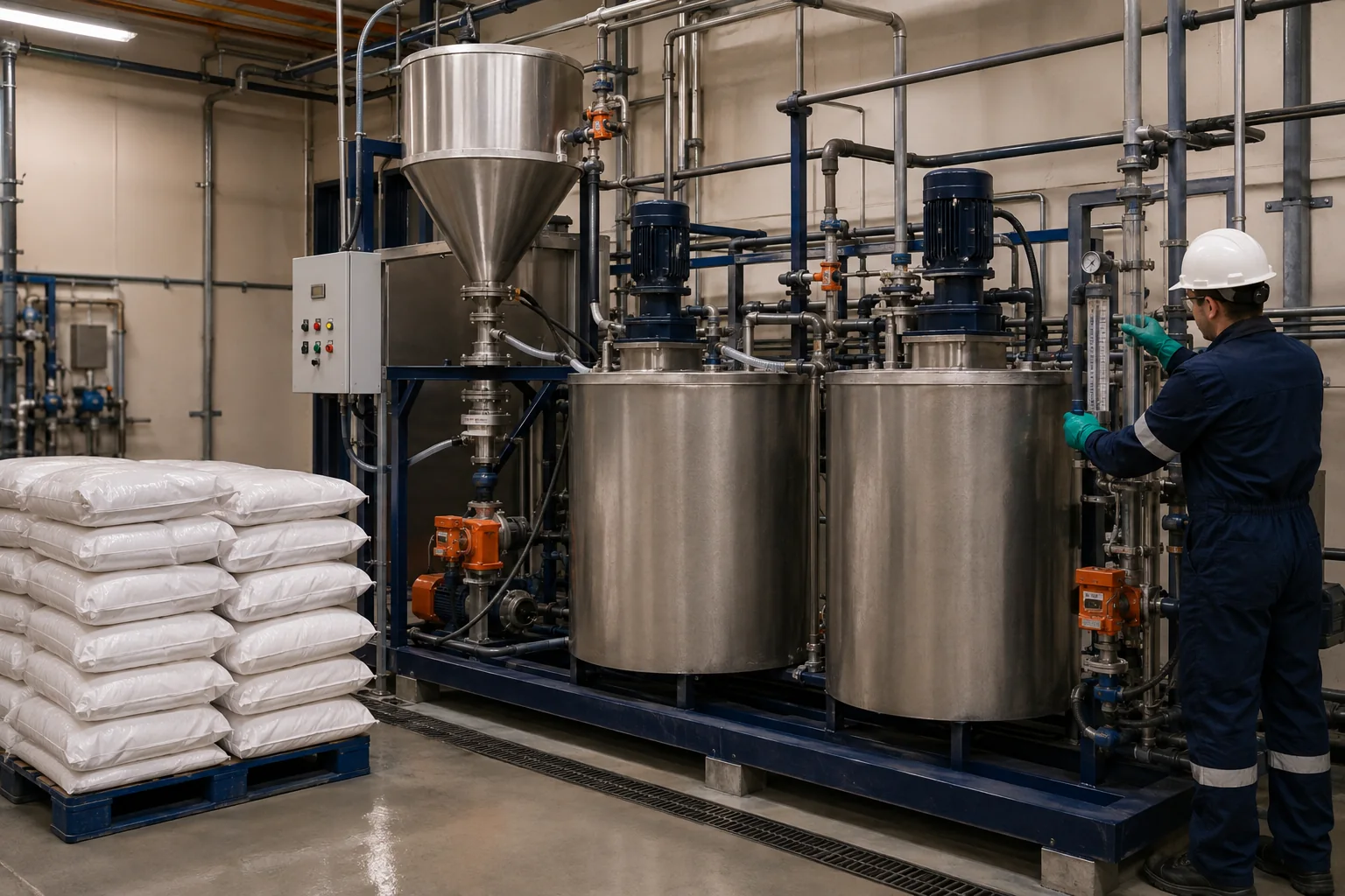 Dry polymer wetting cone, aging tanks and dosing pumps preparing APAM solution