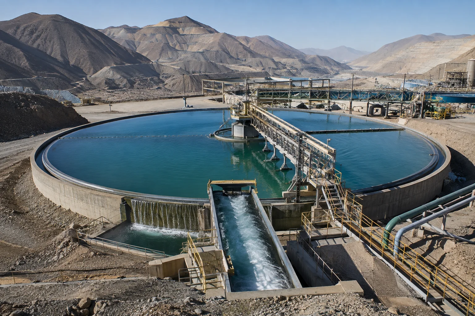 Large mining tailings thickener with clear overflow and process water recovery