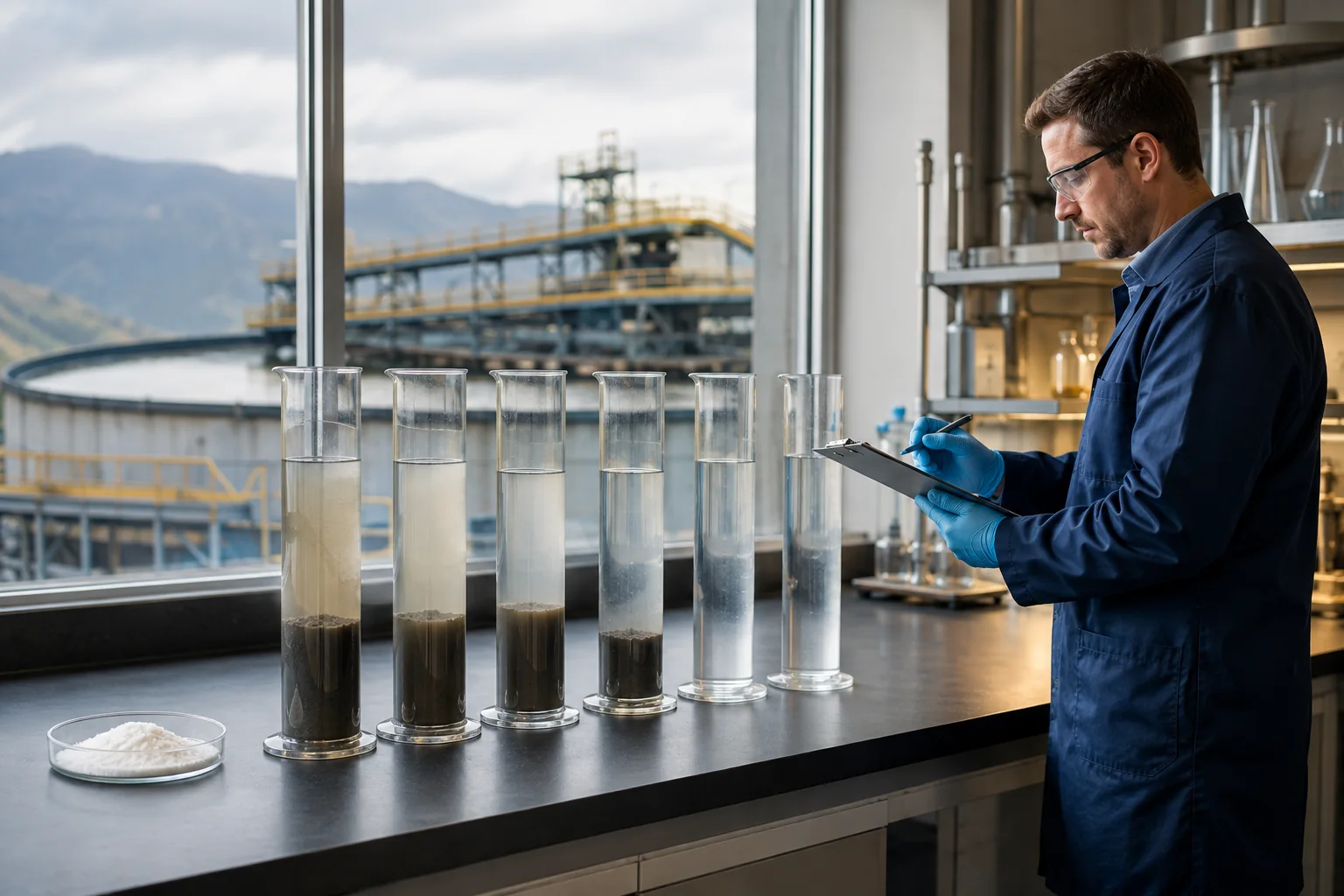 Process engineer comparing anionic polyacrylamide settling results